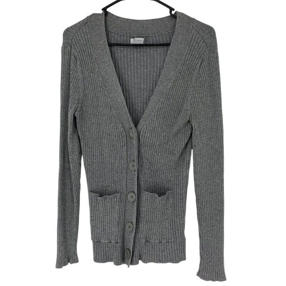 Womens Worthington Gray Cardigan Sweater Rib Large 3945 Pockets Washable - Picture 1 of 5